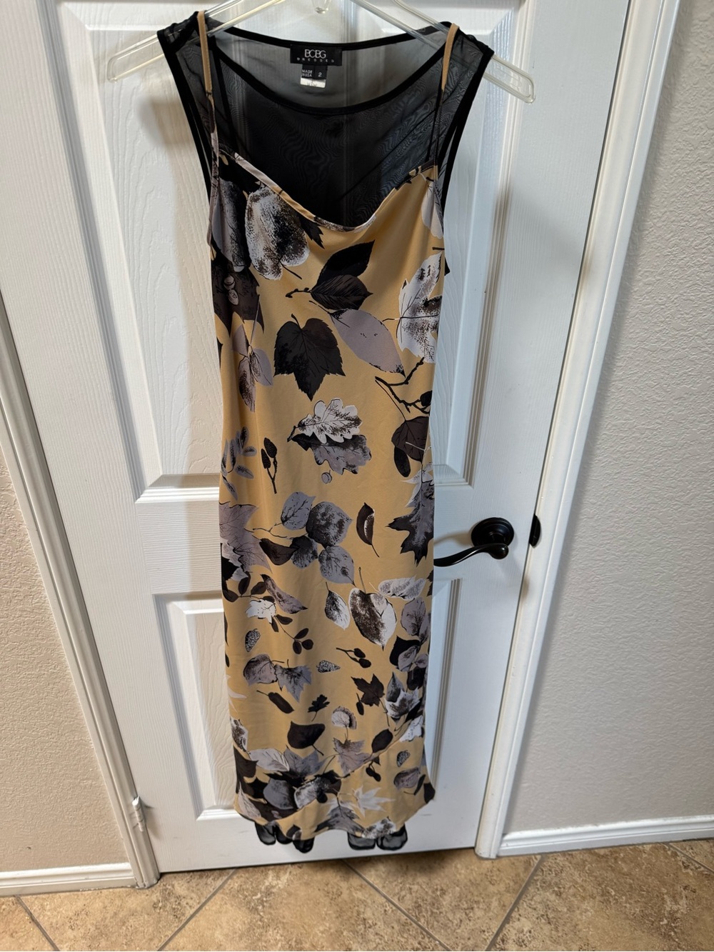 Vintage 90’s BCBG MaxAzria beige and Black leaf Maxi Slip Dress two pieces
